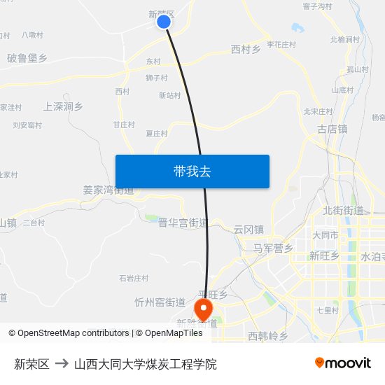 新荣区 to 山西大同大学煤炭工程学院 map