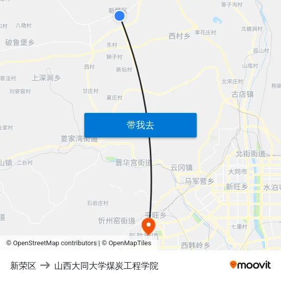 新荣区 to 山西大同大学煤炭工程学院 map