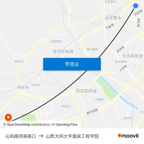 云岗路同泉路口 to 山西大同大学煤炭工程学院 map