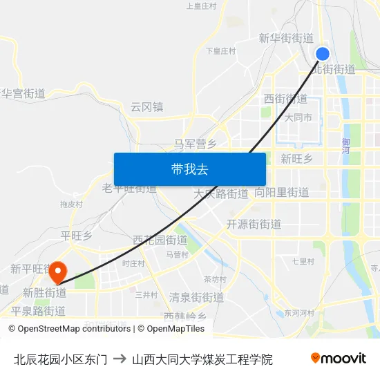 北辰花园小区东门 to 山西大同大学煤炭工程学院 map