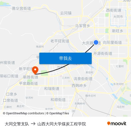 大同交警支队 to 山西大同大学煤炭工程学院 map