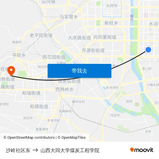 沙岭社区东 to 山西大同大学煤炭工程学院 map