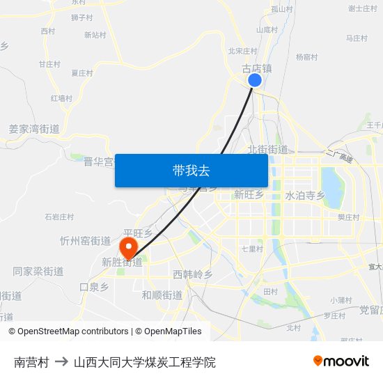 南营村 to 山西大同大学煤炭工程学院 map