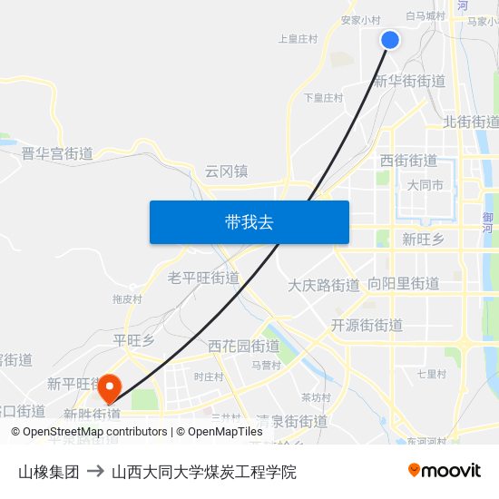 山橡集团 to 山西大同大学煤炭工程学院 map