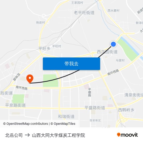 北岳公司 to 山西大同大学煤炭工程学院 map