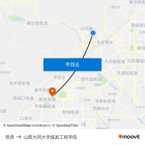 营房 to 山西大同大学煤炭工程学院 map