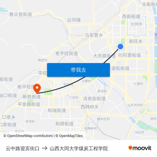 云中路迎宾街口 to 山西大同大学煤炭工程学院 map