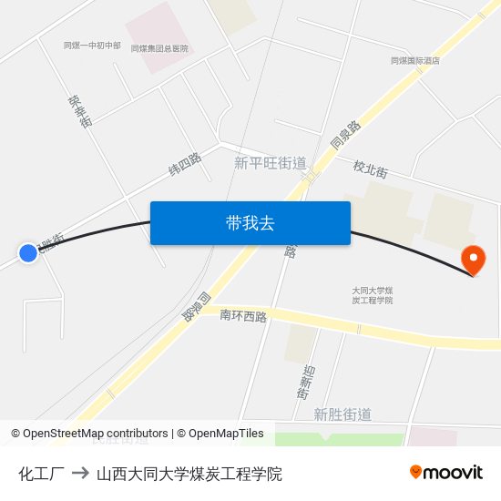 化工厂 to 山西大同大学煤炭工程学院 map