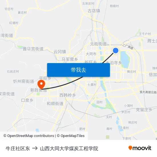 牛庄社区东 to 山西大同大学煤炭工程学院 map