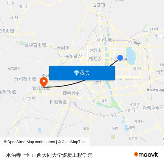 水泊寺 to 山西大同大学煤炭工程学院 map