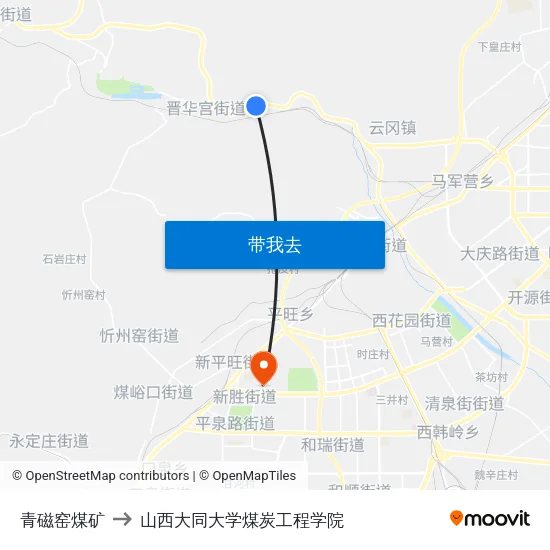 青磁窑煤矿 to 山西大同大学煤炭工程学院 map