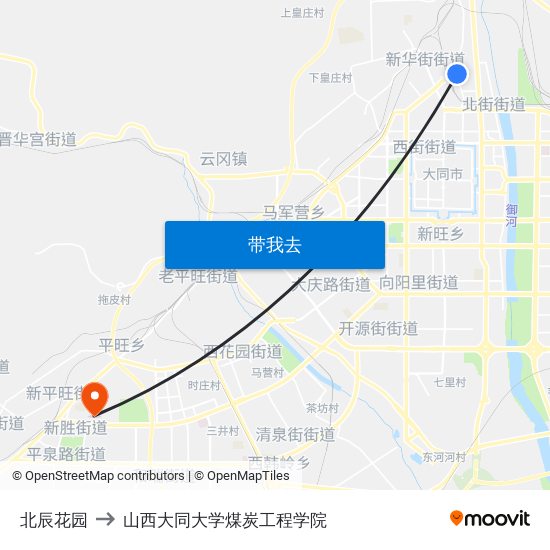 北辰花园 to 山西大同大学煤炭工程学院 map