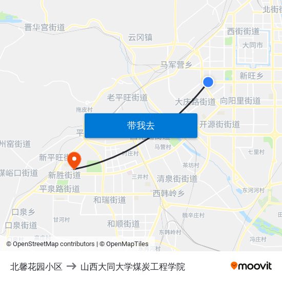 北馨花园小区 to 山西大同大学煤炭工程学院 map