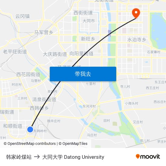 韩家岭煤站 to 大同大学 Datong University map