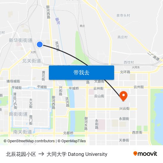 北辰花园小区 to 大同大学 Datong University map