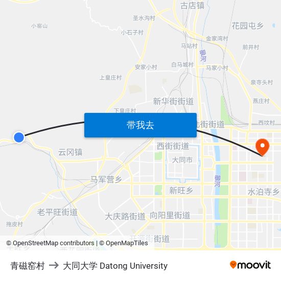 青磁窑村 to 大同大学 Datong University map