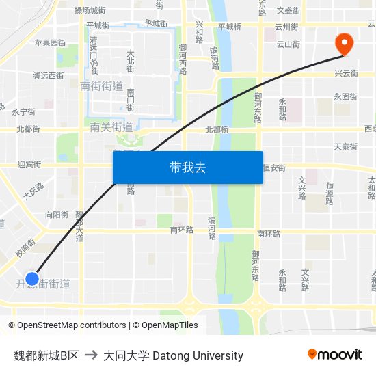 魏都新城B区 to 大同大学 Datong University map