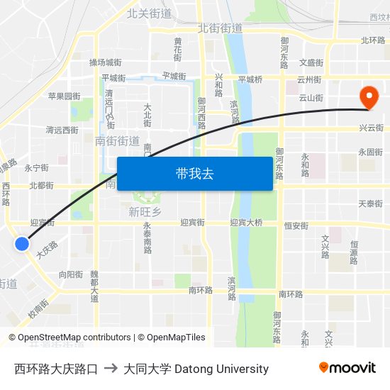 西环路大庆路口 to 大同大学 Datong University map