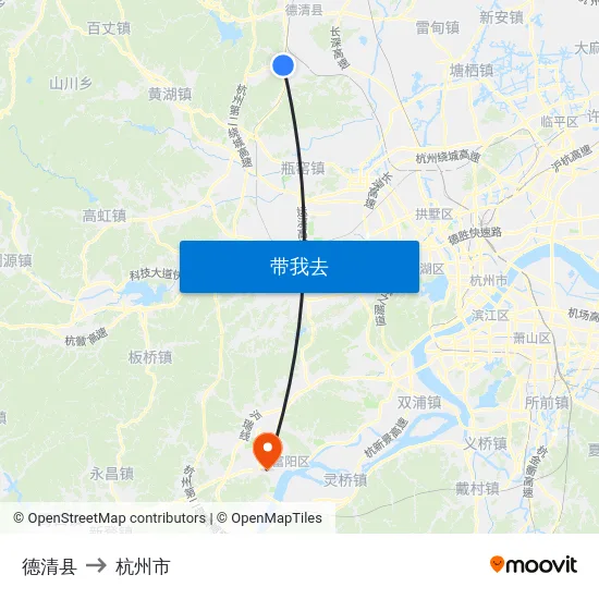 德清县 to 杭州市 map