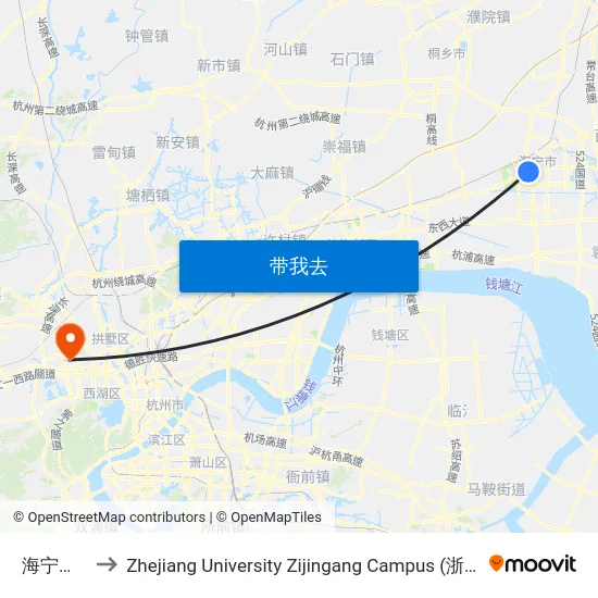 海宁皮革城 to Zhejiang University Zijingang Campus (浙江大学紫金港校区) map