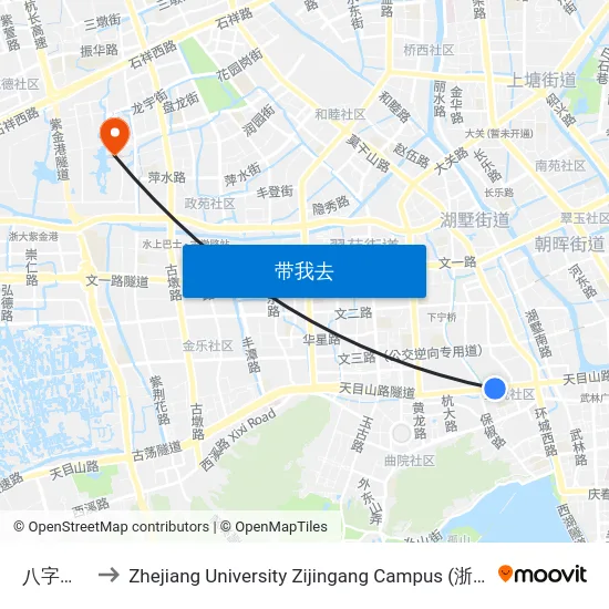 八字桥(Brt) to Zhejiang University Zijingang Campus (浙江大学紫金港校区) map