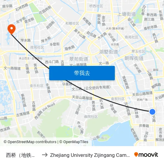 西桥（地铁中河北路站） to Zhejiang University Zijingang Campus (浙江大学紫金港校区) map