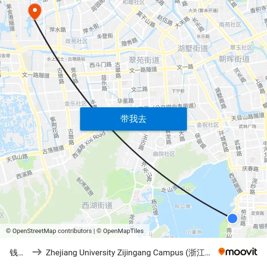 钱王祠 to Zhejiang University Zijingang Campus (浙江大学紫金港校区) map