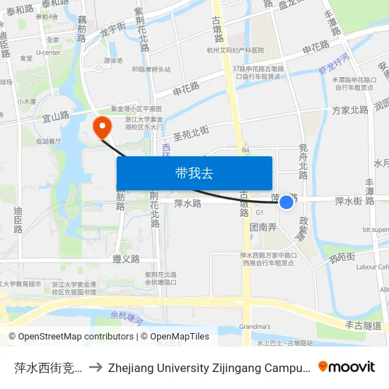 萍水西街竞舟北路口 to Zhejiang University Zijingang Campus (浙江大学紫金港校区) map