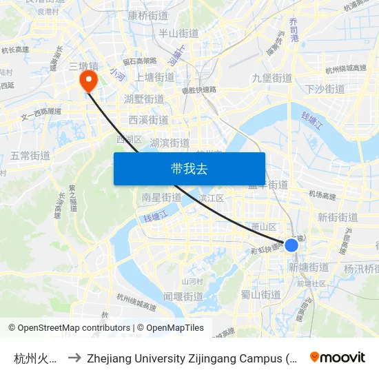 杭州火车南站 to Zhejiang University Zijingang Campus (浙江大学紫金港校区) map