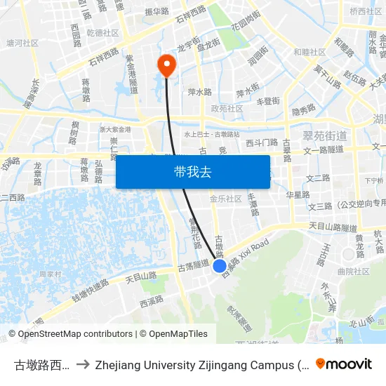 古墩路西溪路口 to Zhejiang University Zijingang Campus (浙江大学紫金港校区) map