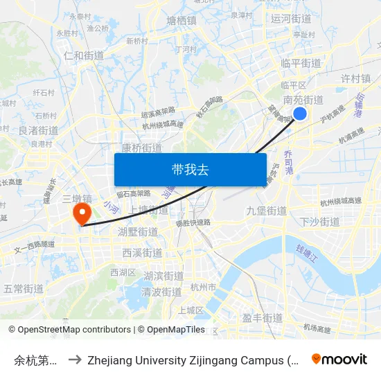 余杭第一医院 to Zhejiang University Zijingang Campus (浙江大学紫金港校区) map