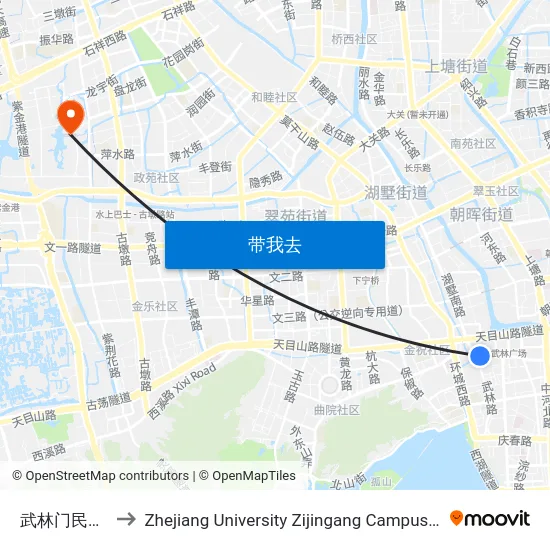 武林门民航售票处 to Zhejiang University Zijingang Campus (浙江大学紫金港校区) map
