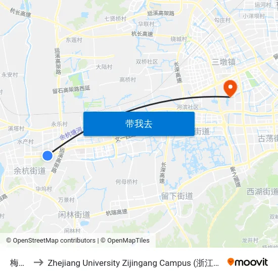 梅家桥 to Zhejiang University Zijingang Campus (浙江大学紫金港校区) map