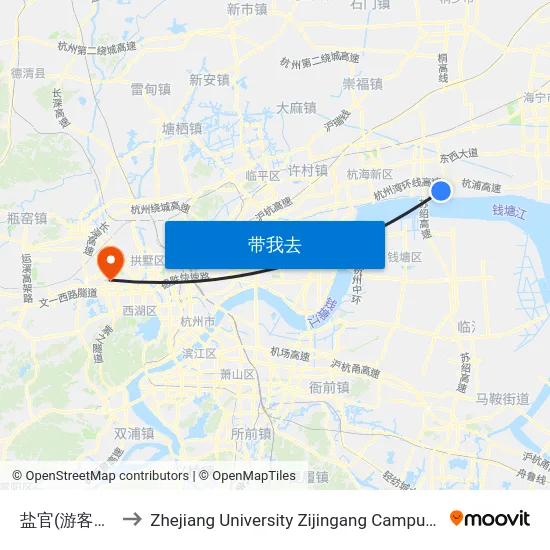 盐官(游客服务中心) to Zhejiang University Zijingang Campus (浙江大学紫金港校区) map