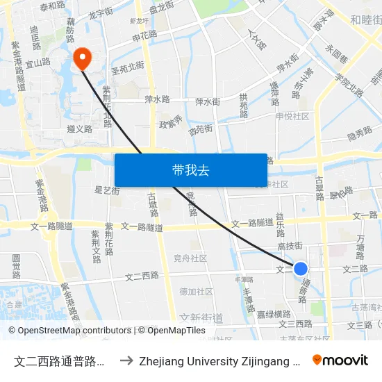 文二西路通普路口（地铁古翠路站） to Zhejiang University Zijingang Campus (浙江大学紫金港校区) map