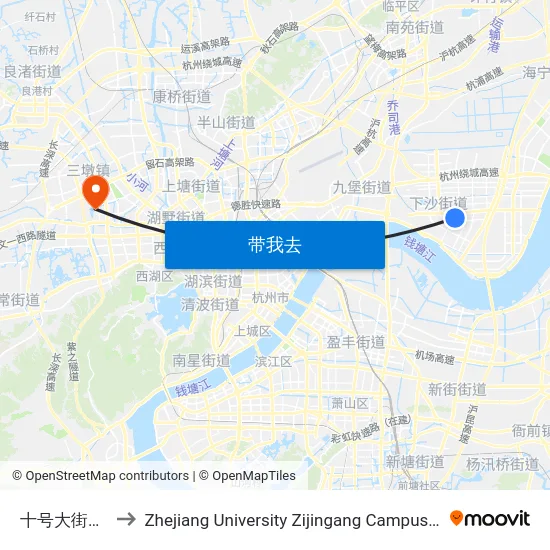 十号大街一号路口 to Zhejiang University Zijingang Campus (浙江大学紫金港校区) map