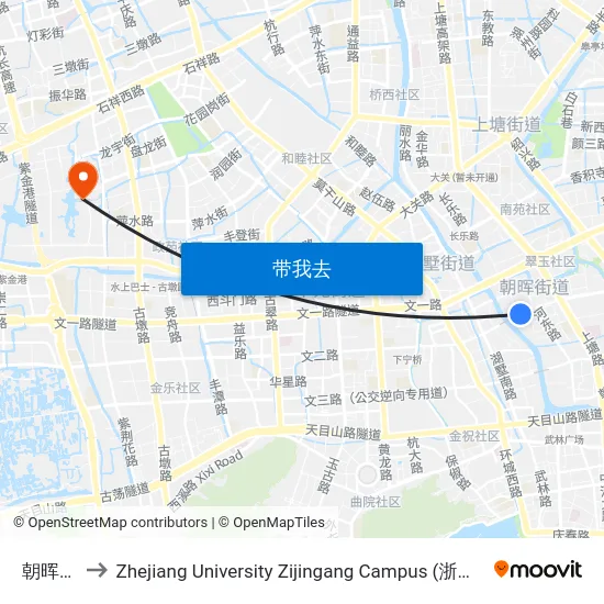 朝晖九区 to Zhejiang University Zijingang Campus (浙江大学紫金港校区) map