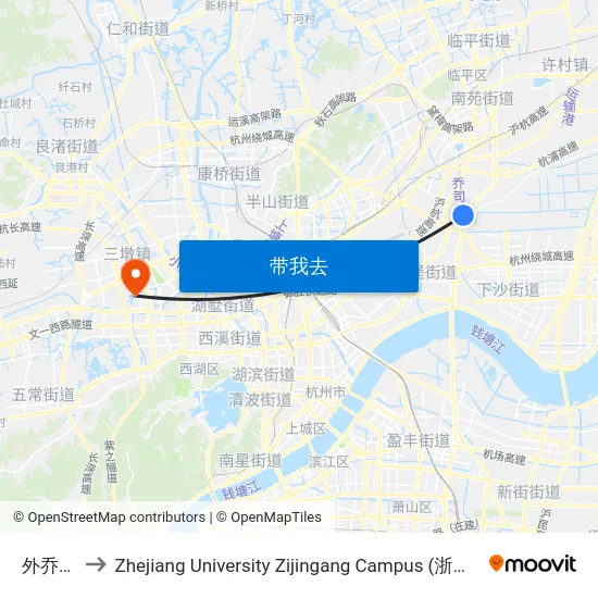 外乔司东 to Zhejiang University Zijingang Campus (浙江大学紫金港校区) map