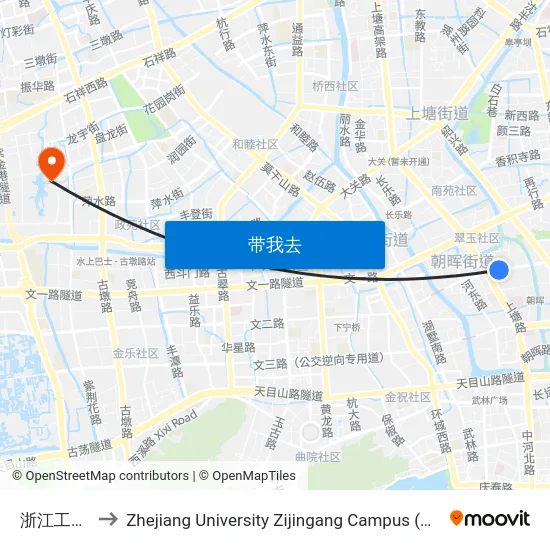 浙江工业大学 to Zhejiang University Zijingang Campus (浙江大学紫金港校区) map