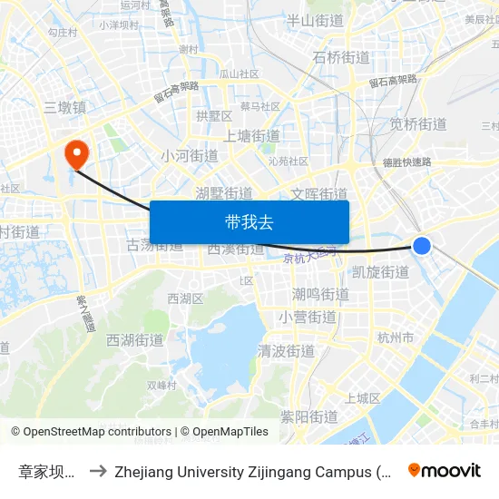 章家坝小区南 to Zhejiang University Zijingang Campus (浙江大学紫金港校区) map