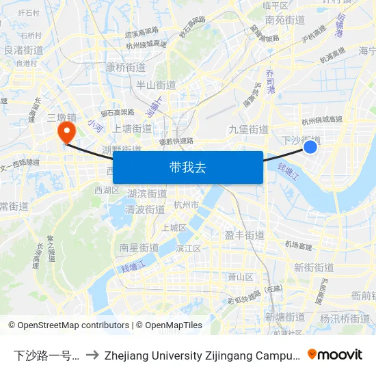 下沙路一号路口(Brt) to Zhejiang University Zijingang Campus (浙江大学紫金港校区) map