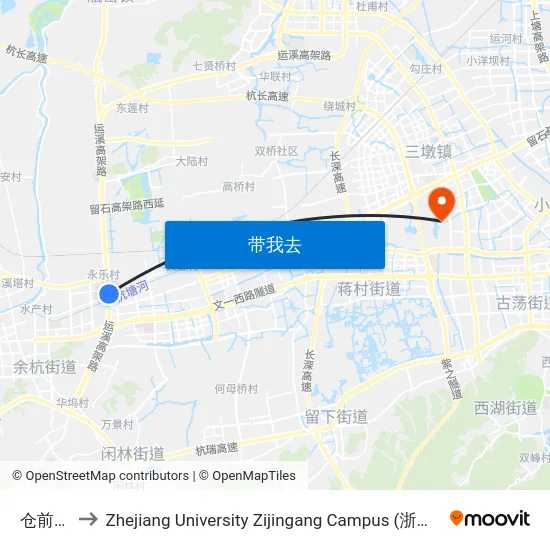 仓前路口 to Zhejiang University Zijingang Campus (浙江大学紫金港校区) map