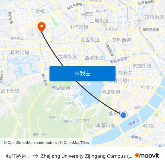 钱江路姚江路口 to Zhejiang University Zijingang Campus (浙江大学紫金港校区) map