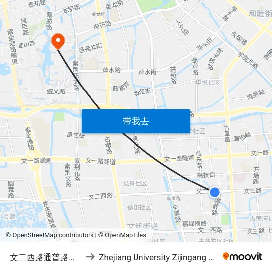 文二西路通普路口（地铁古翠路站） to Zhejiang University Zijingang Campus (浙江大学紫金港校区) map
