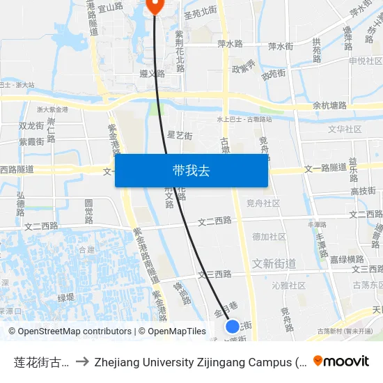 莲花街古墩路口 to Zhejiang University Zijingang Campus (浙江大学紫金港校区) map