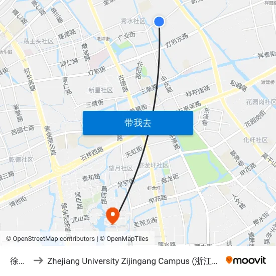 徐家斗 to Zhejiang University Zijingang Campus (浙江大学紫金港校区) map
