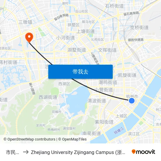 市民中心 to Zhejiang University Zijingang Campus (浙江大学紫金港校区) map