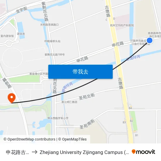 申花路古墩路口 to Zhejiang University Zijingang Campus (浙江大学紫金港校区) map