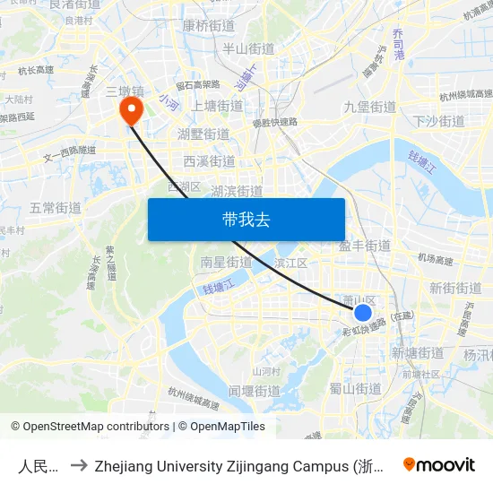 人民广场 to Zhejiang University Zijingang Campus (浙江大学紫金港校区) map