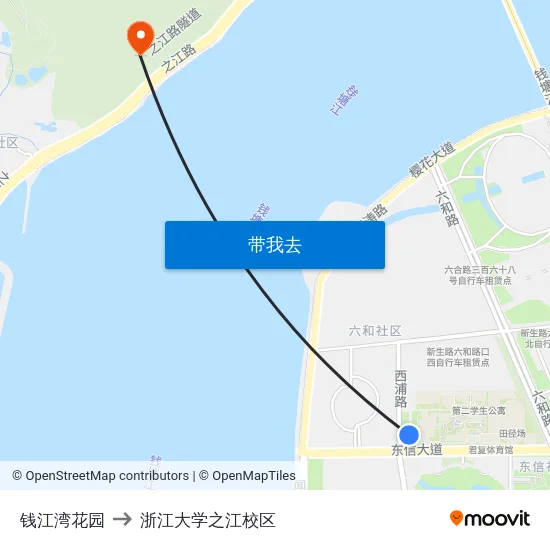钱江湾花园 to 浙江大学之江校区 map